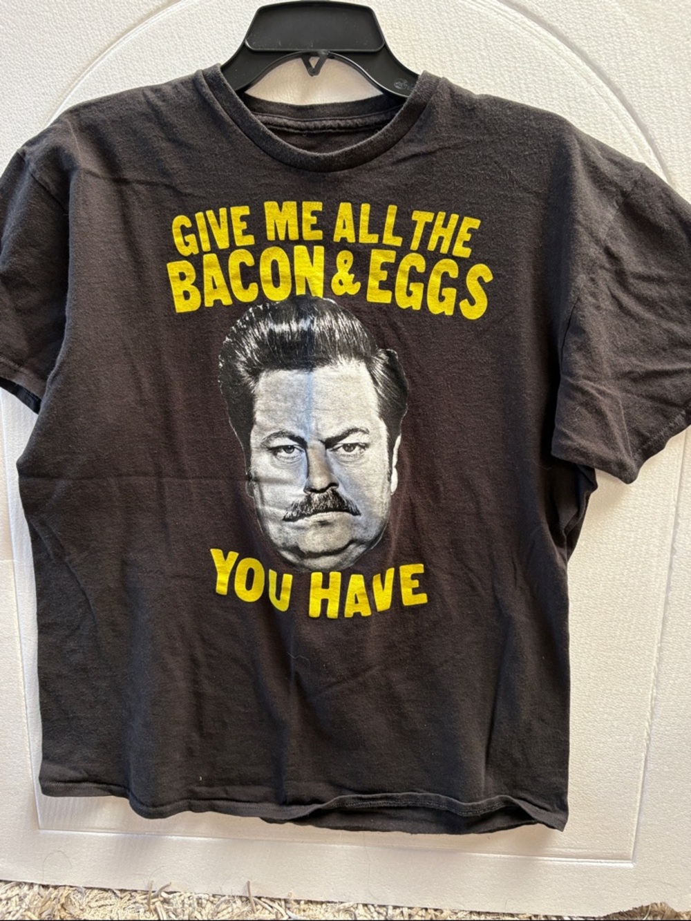 Black Graphic Tee with Yellow 'Bacon & Eggs' Text